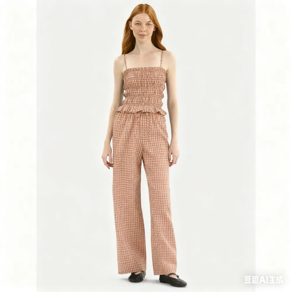 Plaid Seersucker Smocked Cami Top and Pants Set