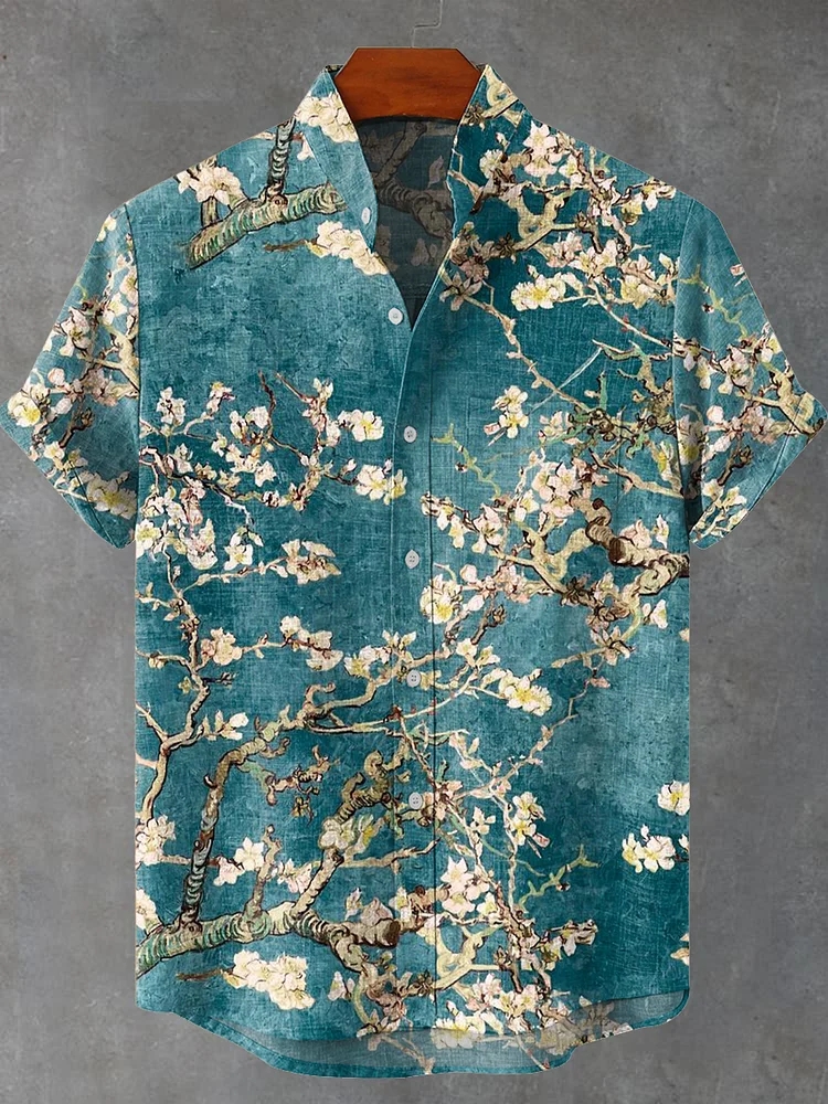 Vintage White Art Florets Print Casual Cotton Shirt