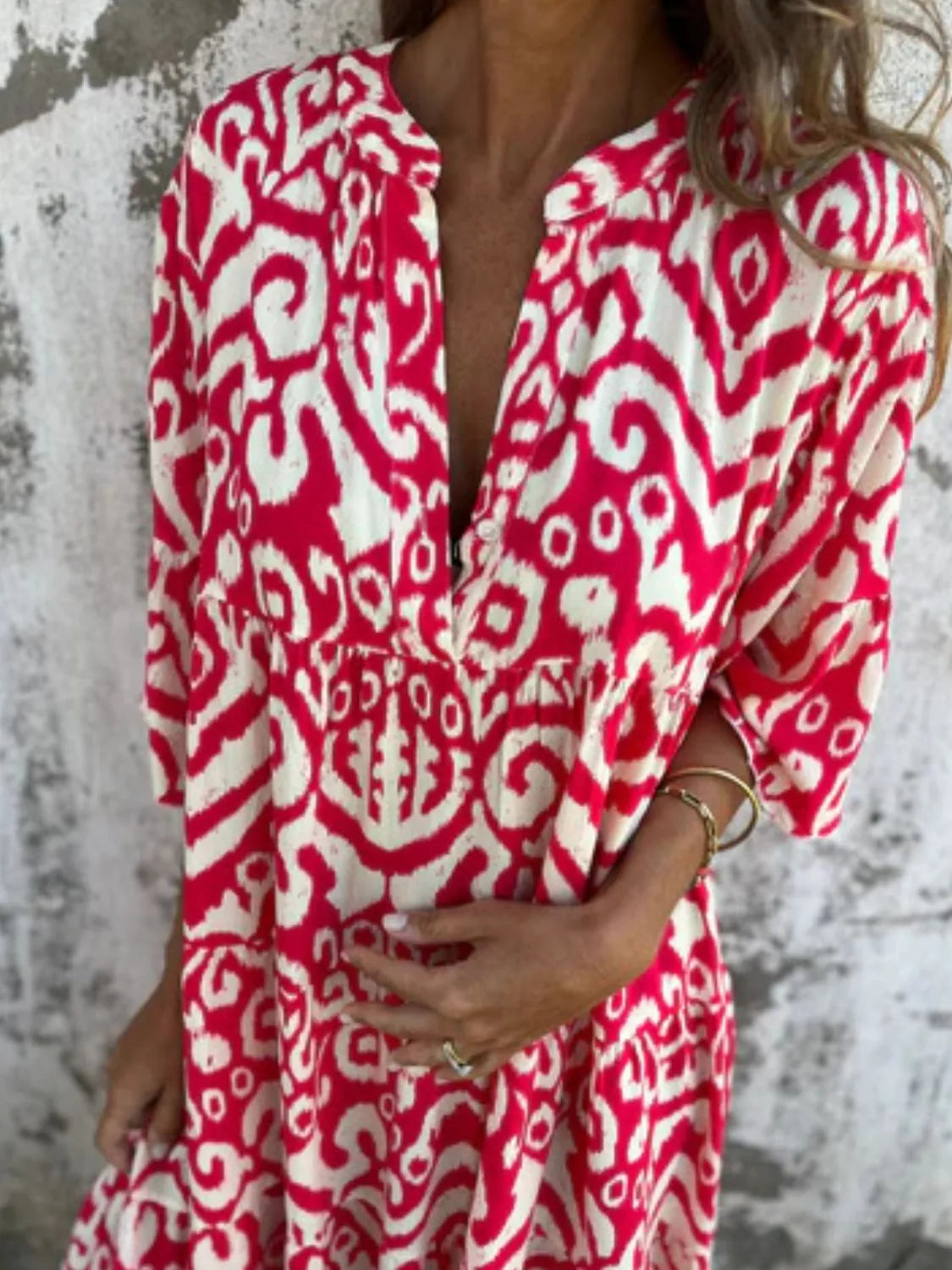 Plus Size Ethnic Print Notched Half Sleeve Midi Dress