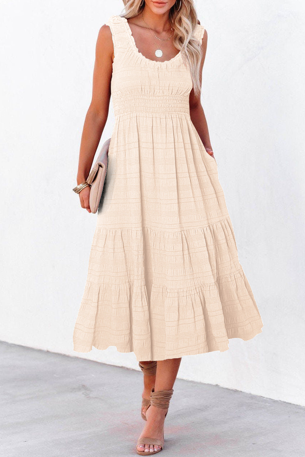 Sky Blue Shirred Pleated Square Neck Sleeveless Midi Dress