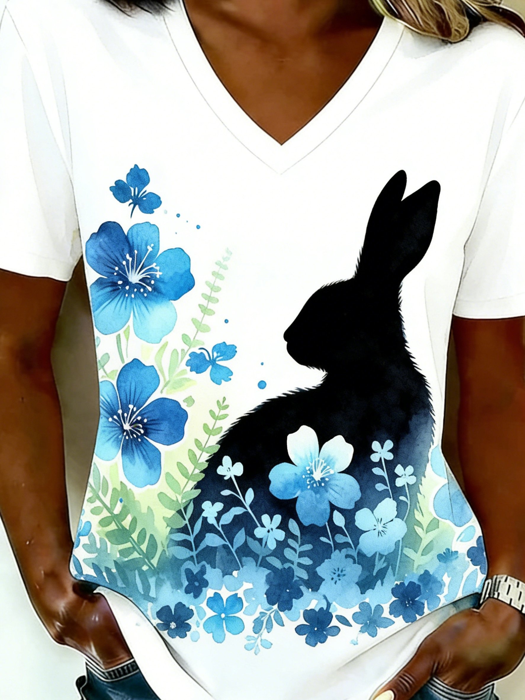 3D Printing Short Sleeve Round Neck Easter Rabbit Floral Summer Casual T-Shirt