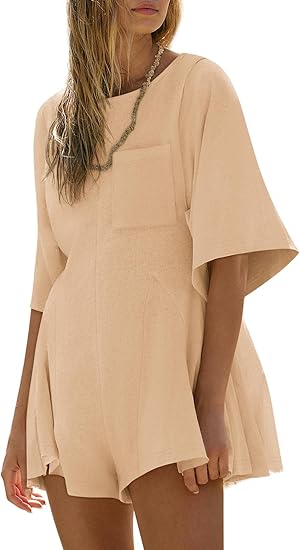 Women Spring Outfits Summer Casual Short Sleeve Crew Neck Loose Jumpsuits with Pocket