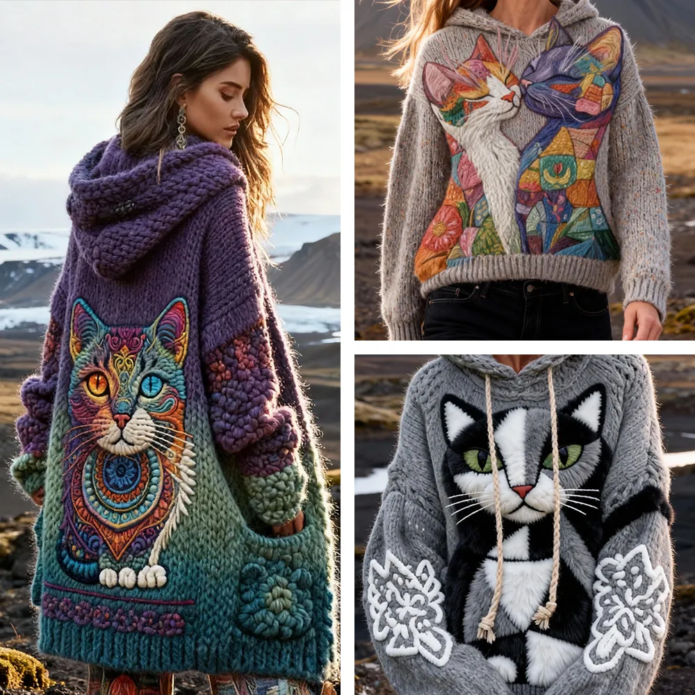 3 PCS $17.97 Women's Artistic Animals Line Knit Hooded Sweater
