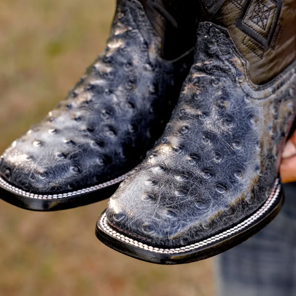 Grey Ostrich Leather Boots - Square Toe