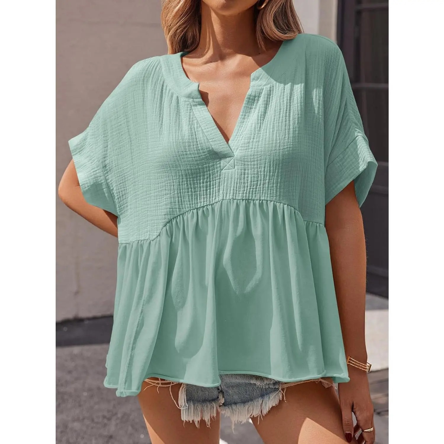 Womens Summer Babydoll Tops V Neck Short Sleeve Pleated Flowy Shirts Casual Loose Fit Peplum Blouse