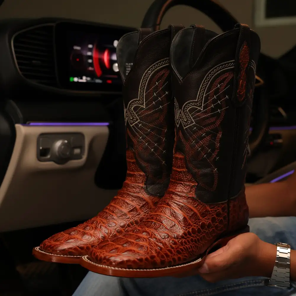 Cognac Caiman Neck Leather Boots - Square Toe