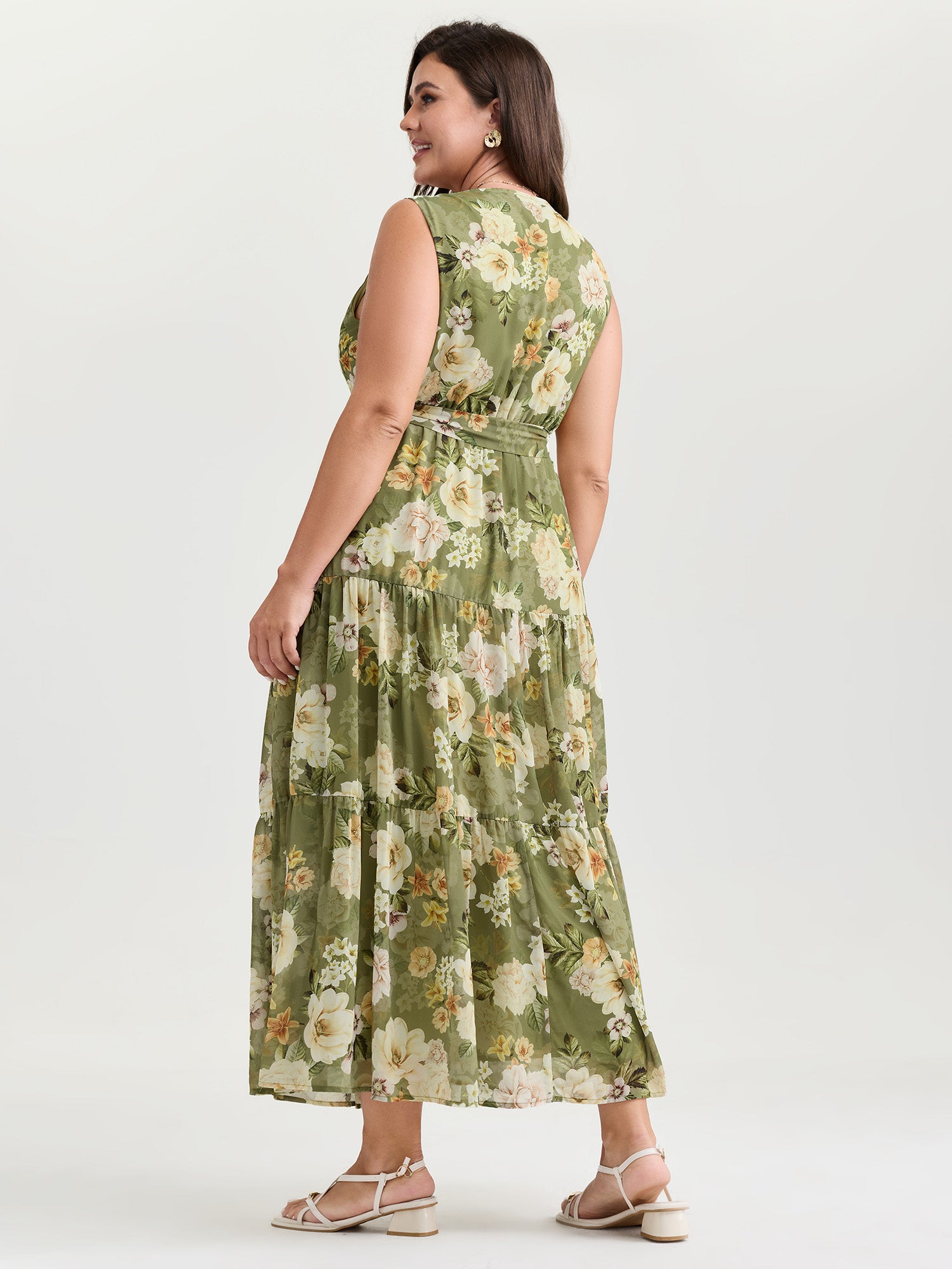 Large Floral Print Waist-Tie Tiered Maxi Dress