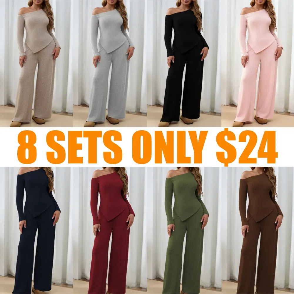 Chic Sherpa Set for Women Asymmetric Shoulder Top & High Waist Wide Leg Pants