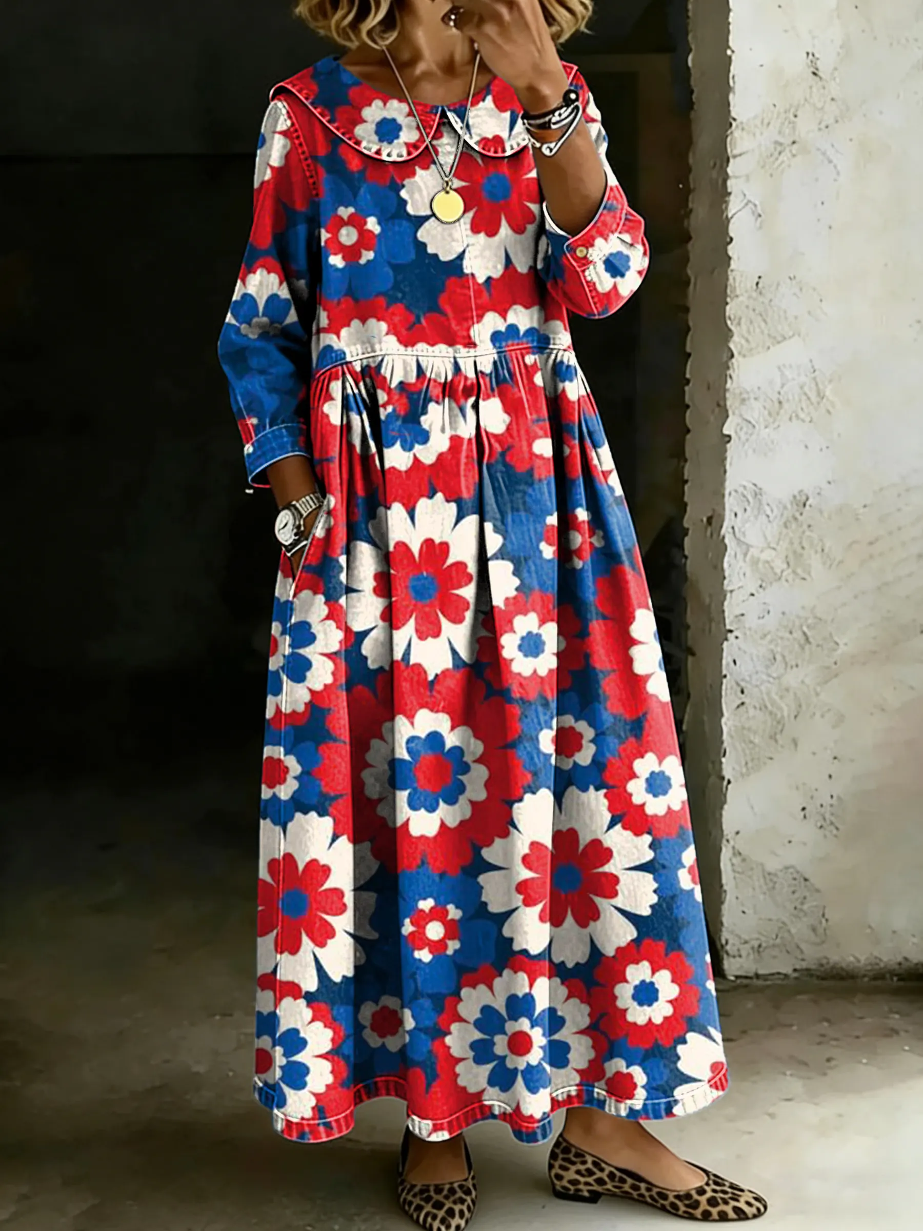 Women's Retro Multicolor Floral Splicing Long-sleeved Loose-fitting Casual Denim Dress