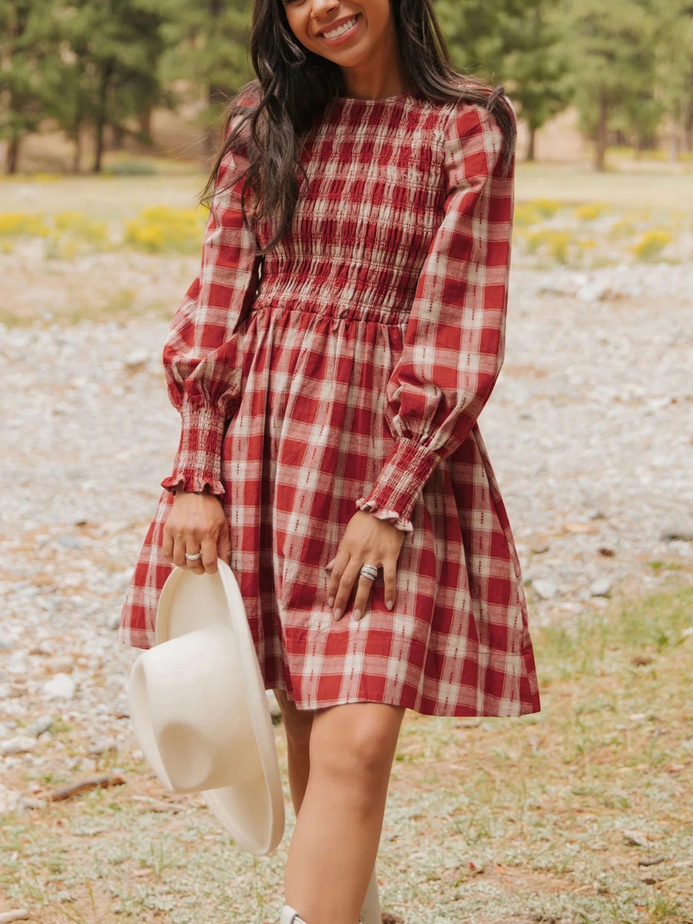 Plaid Print Smocked Puff Sleeve Mini Dress