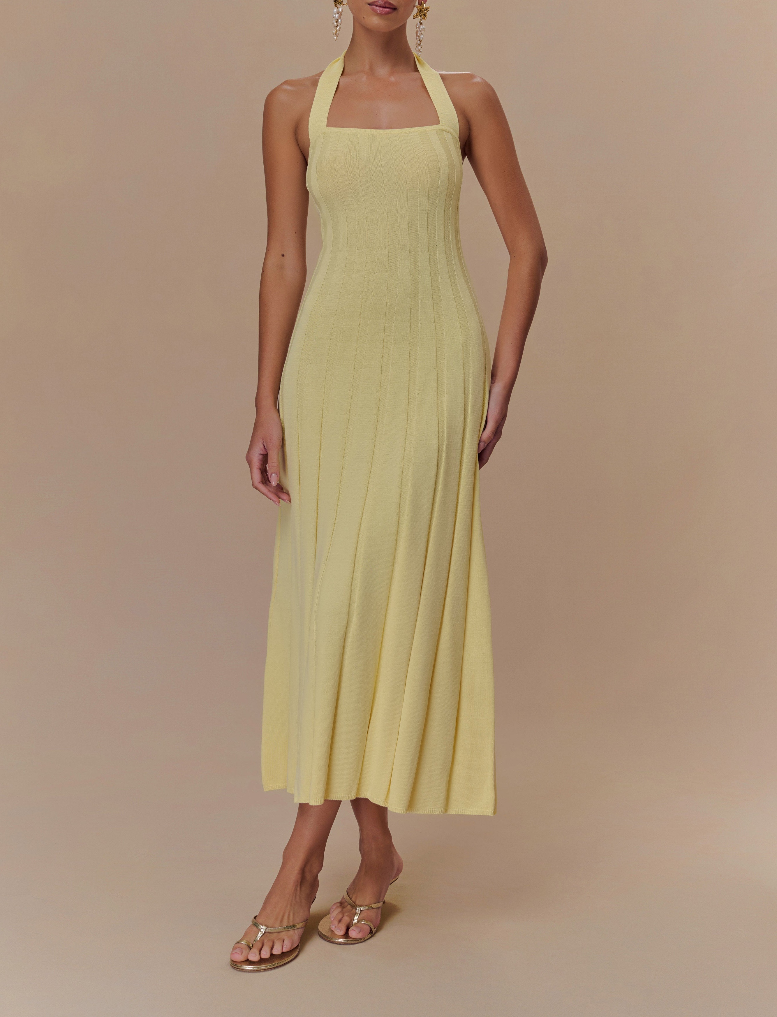 Lemon Halter Knit Midi Dress