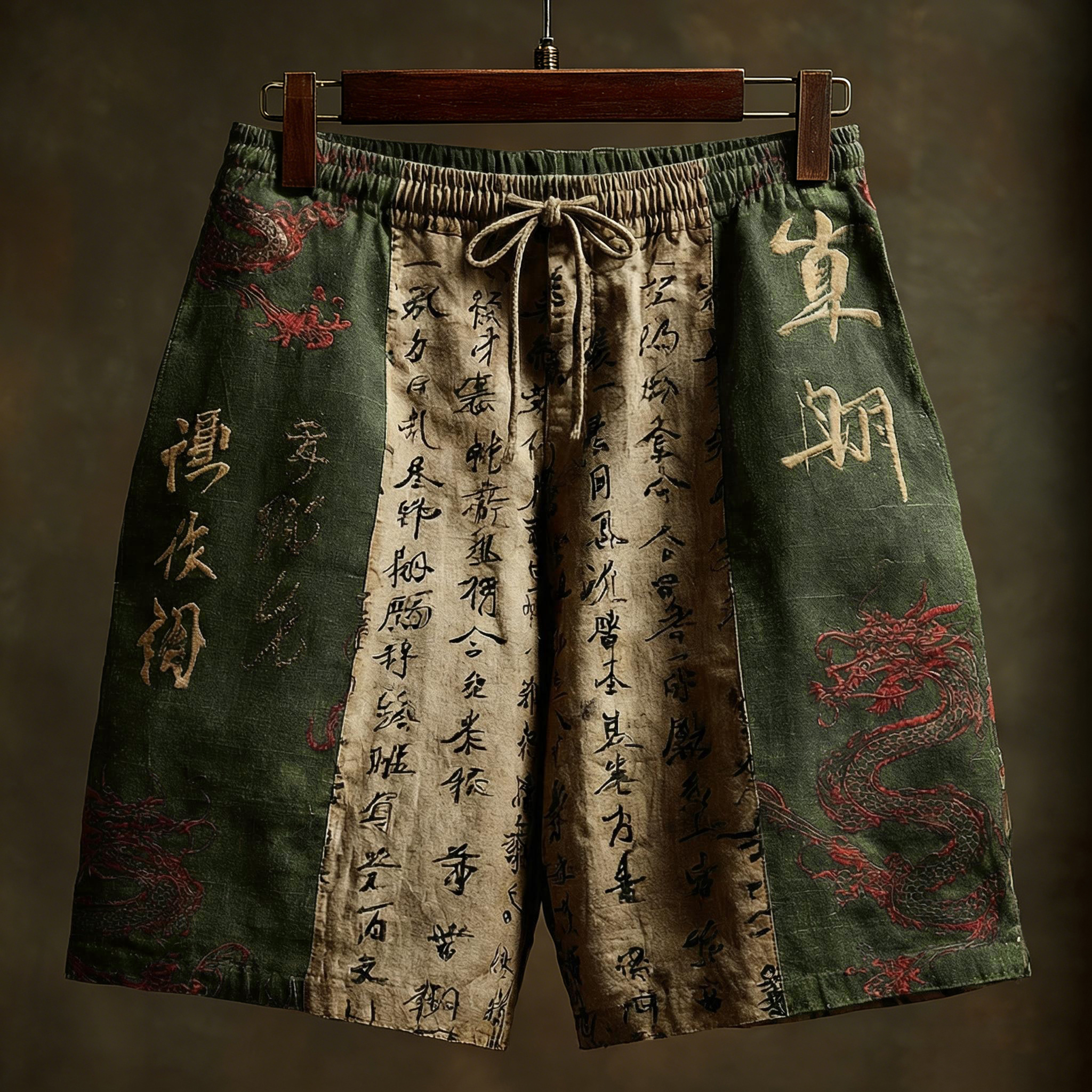 Men's Japanese Calligraphy And Dragon Art Linen Shorts