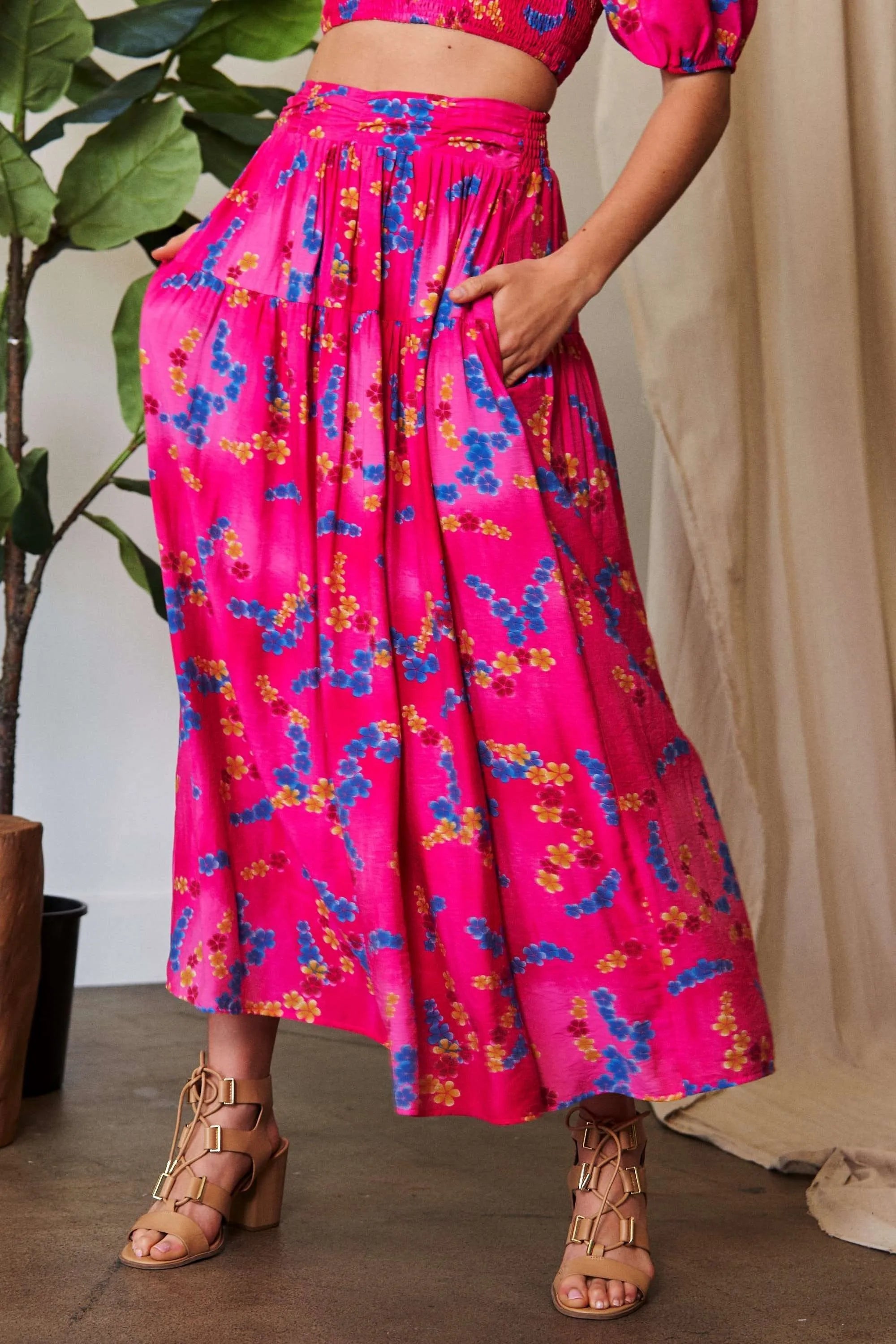 Printed Smocking Waistband Ruffled Maxi Skirt