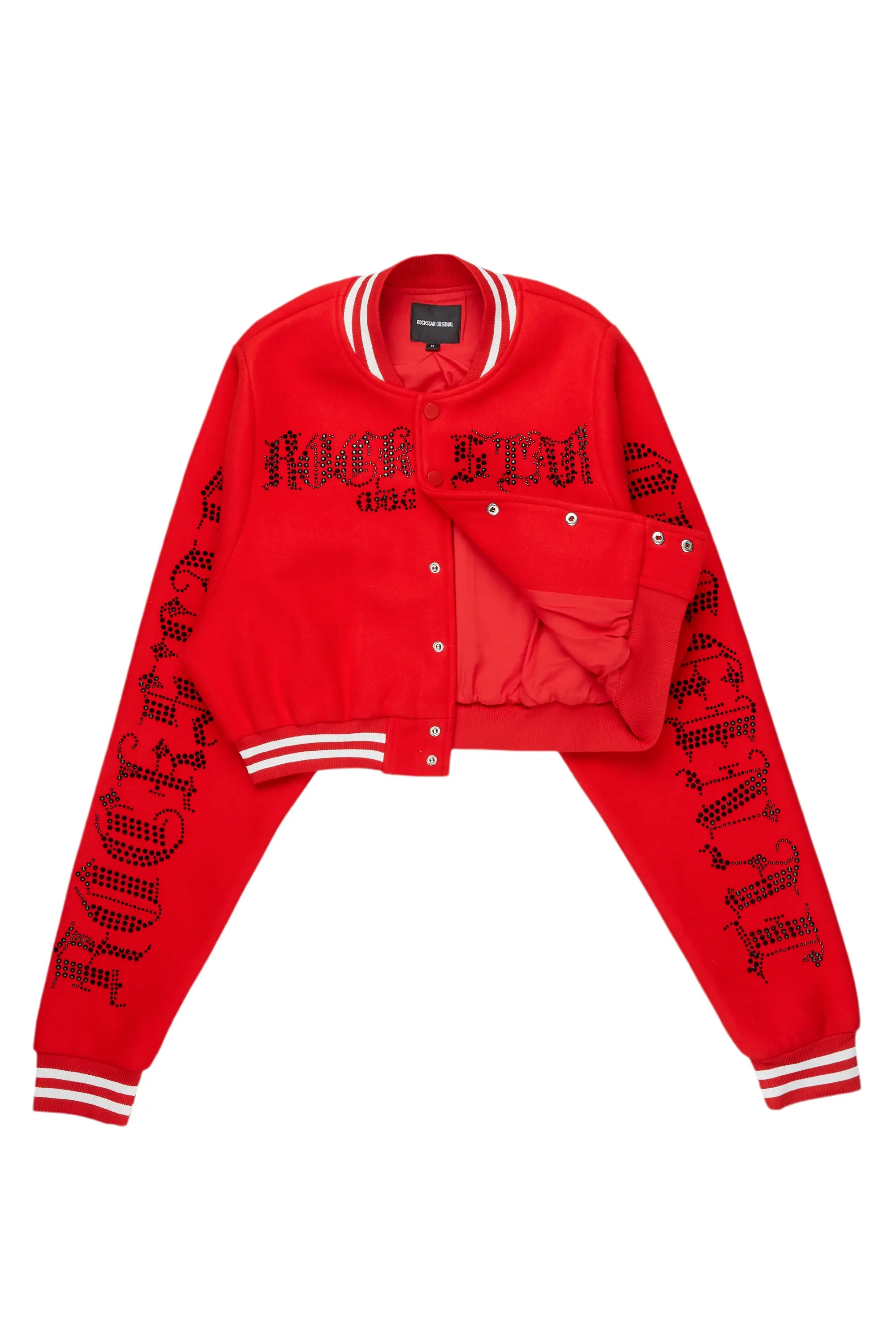 Gianni Red Crop Rhinestone Varsity Jacket