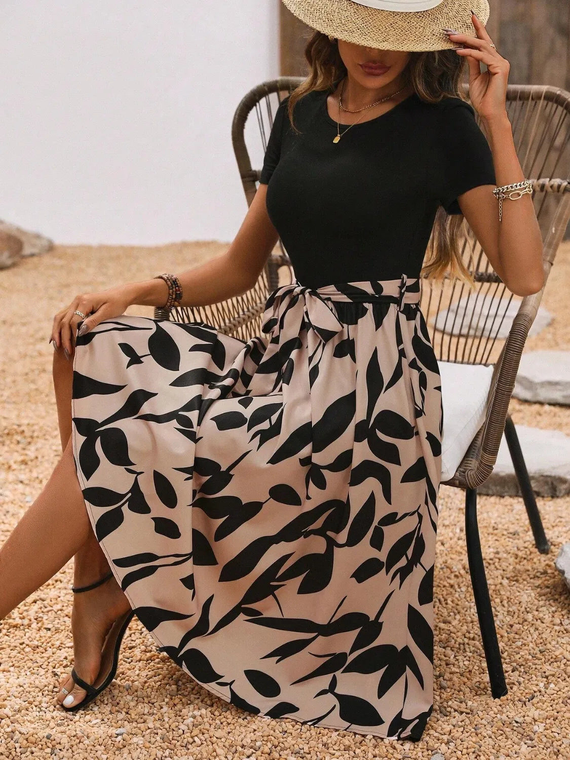 Printed Round Neck Short Sleeve Midi Dress