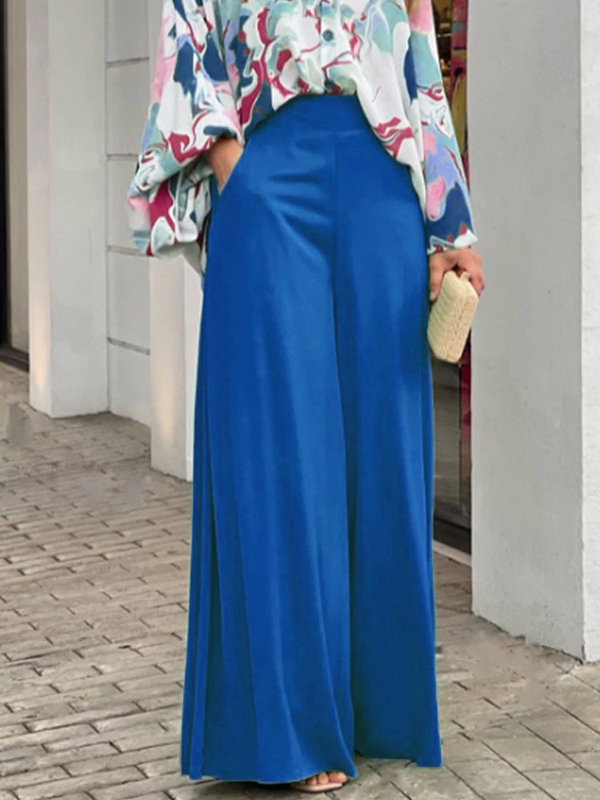 Loose Long Sleeves Floral Printed Blouses + High-Waisted Solid CoLor Wide Leg Pants Trousers Two Pieces Set