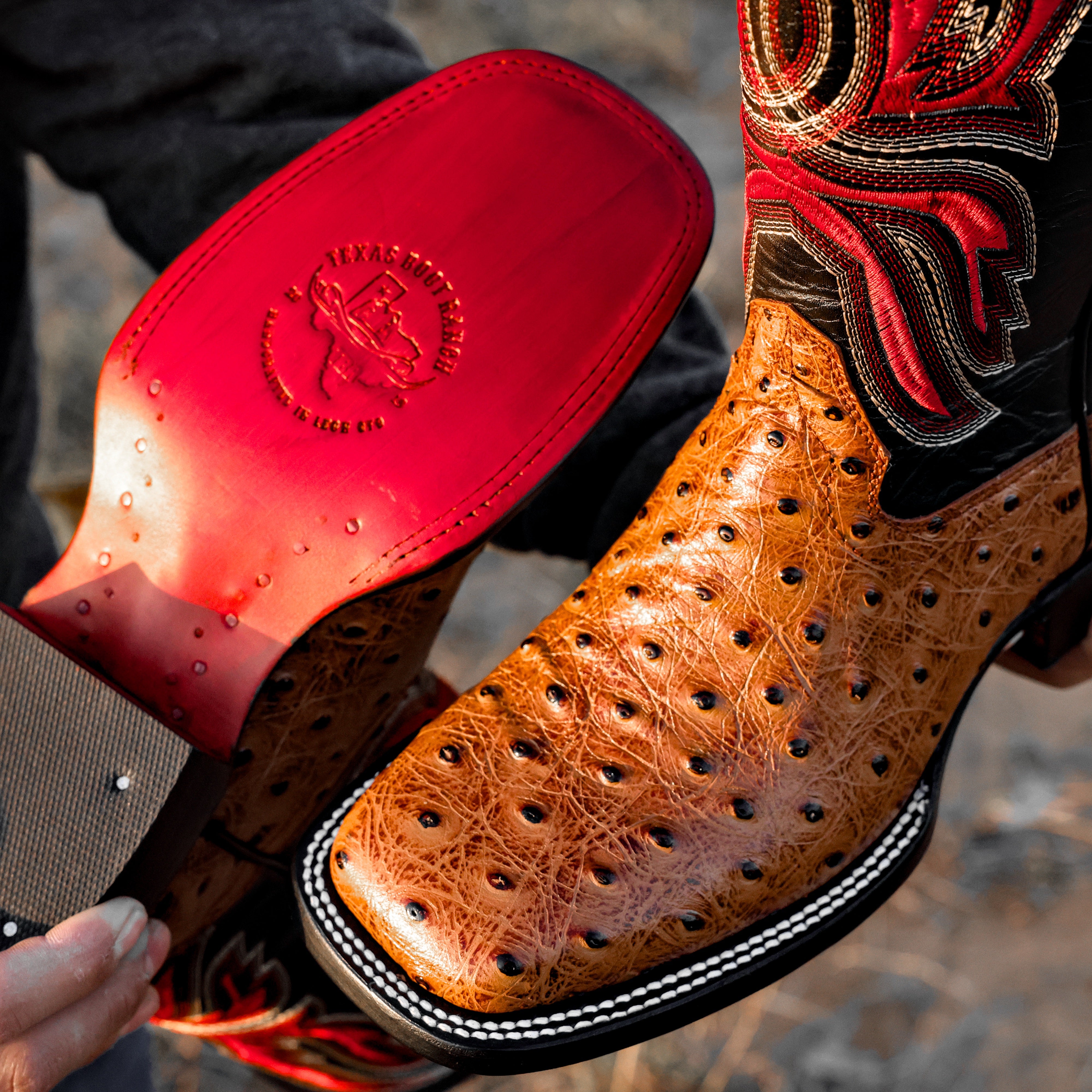 Distressed Cognac Ostrich Leather Boots - Square Toe
