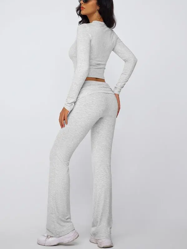 Casual Longsleeves Crop Tee & Fold Over Waist Flare Leg Pants Set