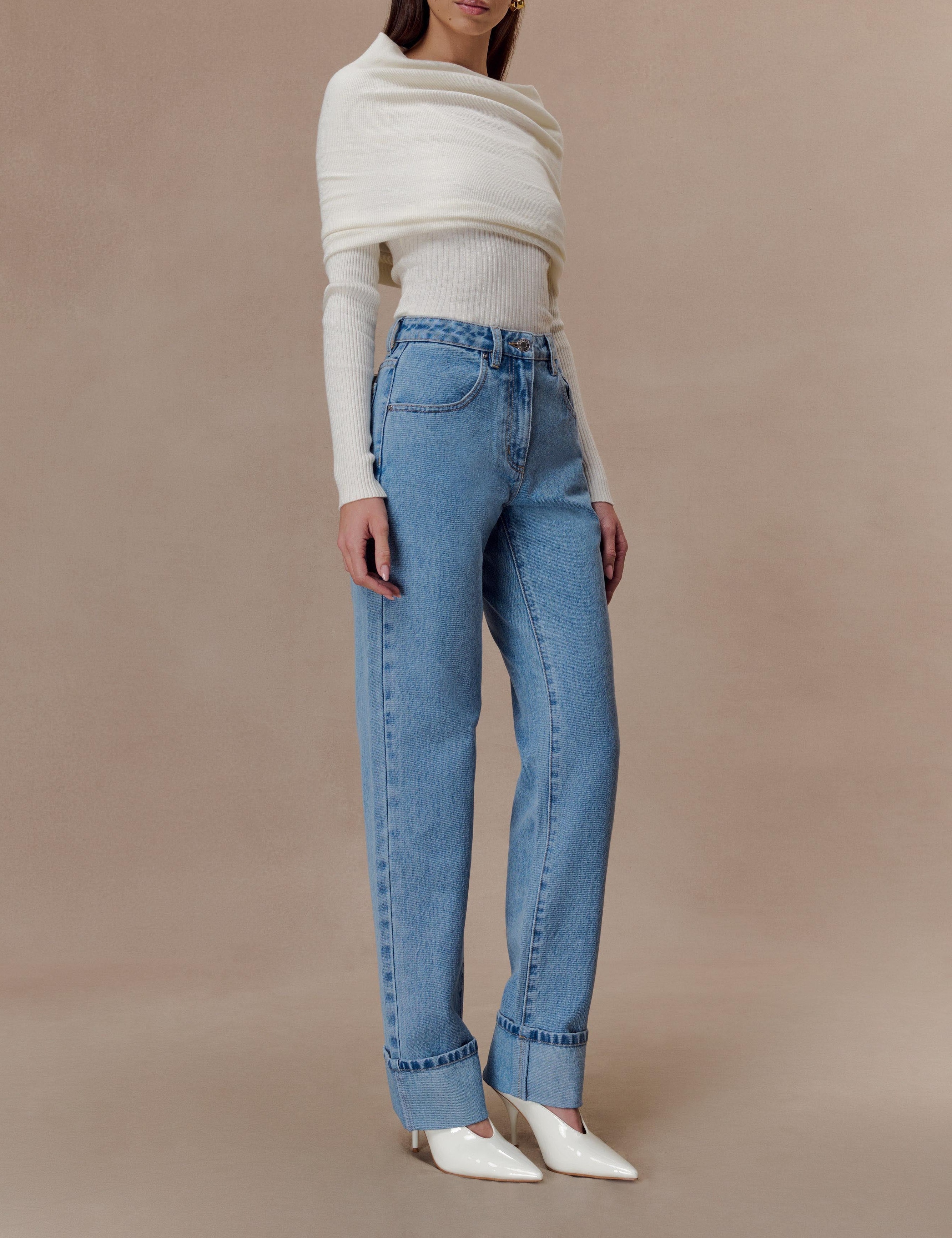 Blue Straight Leg Cuffed Jeans