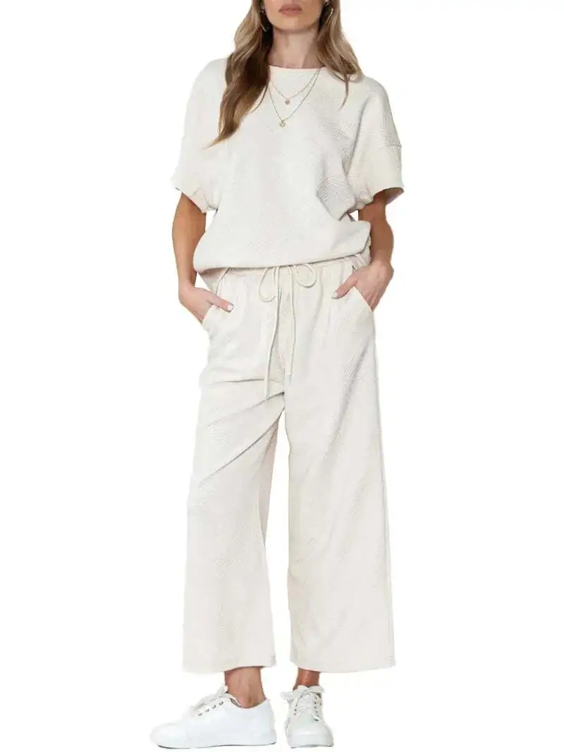 ⏰Women's Textured Loose Fit T Shirt and Drawstring Pants Casual Set