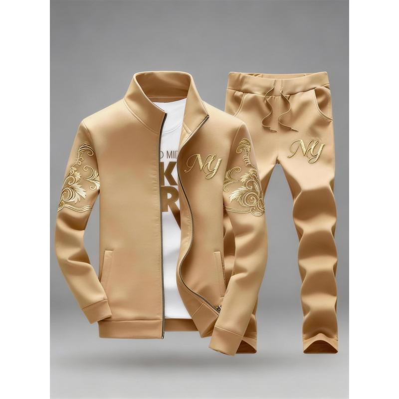 Men’s Embroidered Stand Collar Tracksuit 2-Piece Set