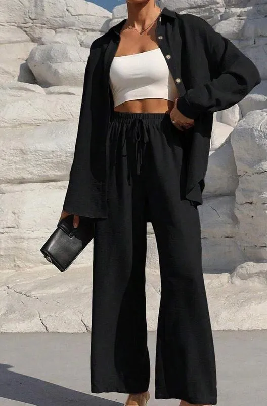 Women's Solid Button Front Shirt & Tie Front Wide Leg Pants (Under $3 a set!)