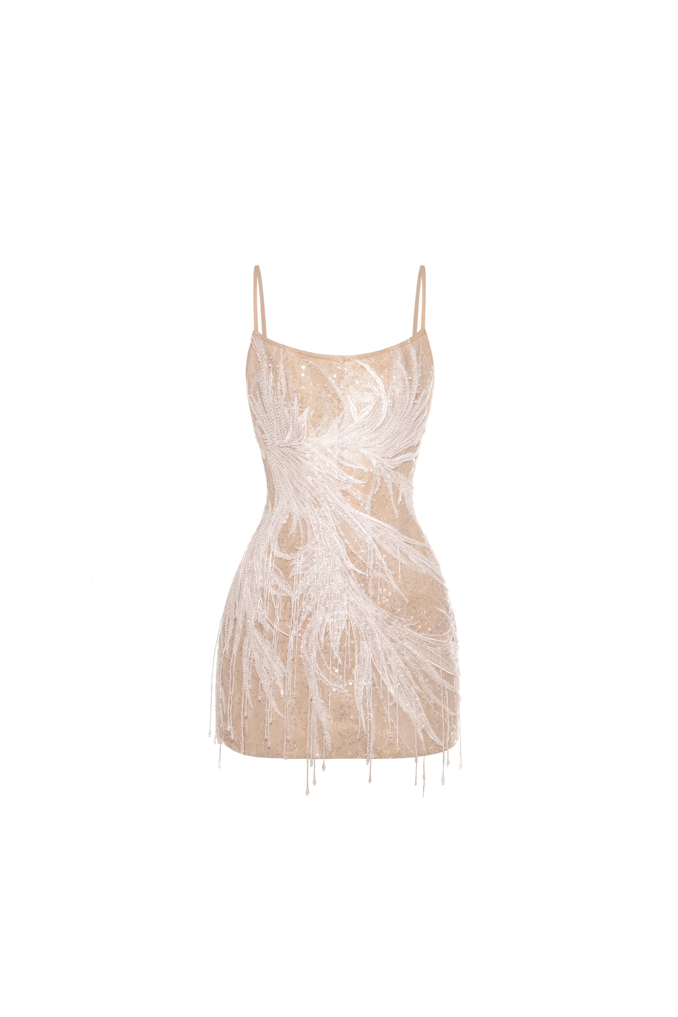 Beige lace corset mini dress embellished with sequins and fringes