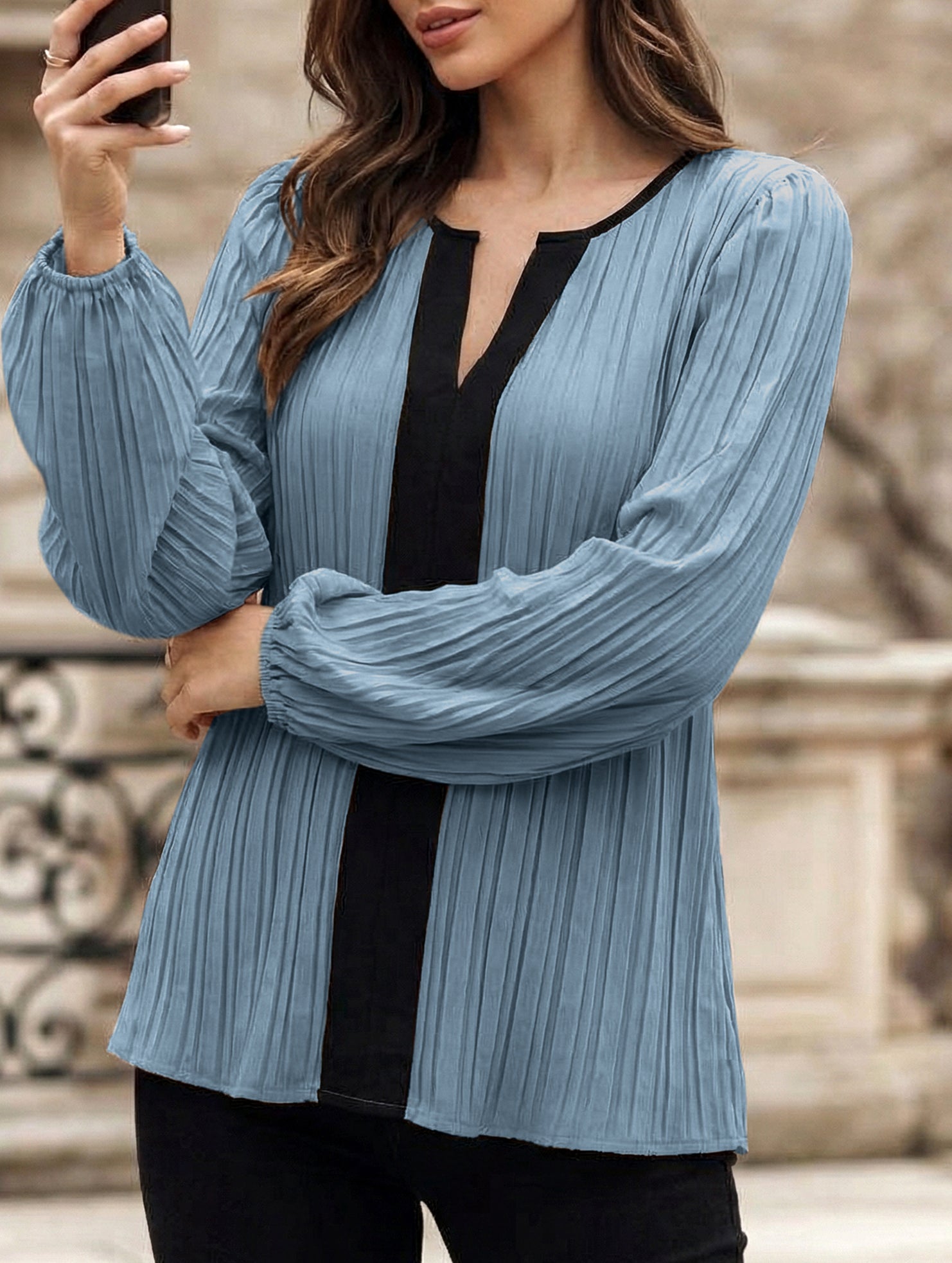 Colorblock V Neck Puff Sleeve Blouse_CWTTL01232