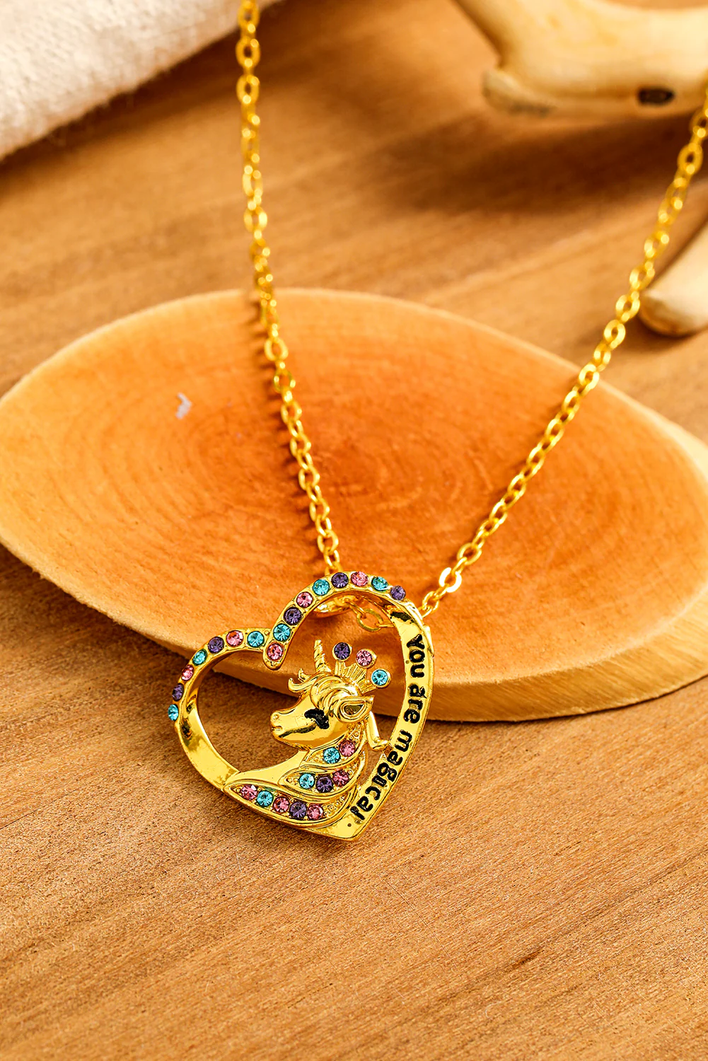 Gold Unicorn Hollow Out Heart Shape Rhinestone Pendant Necklace