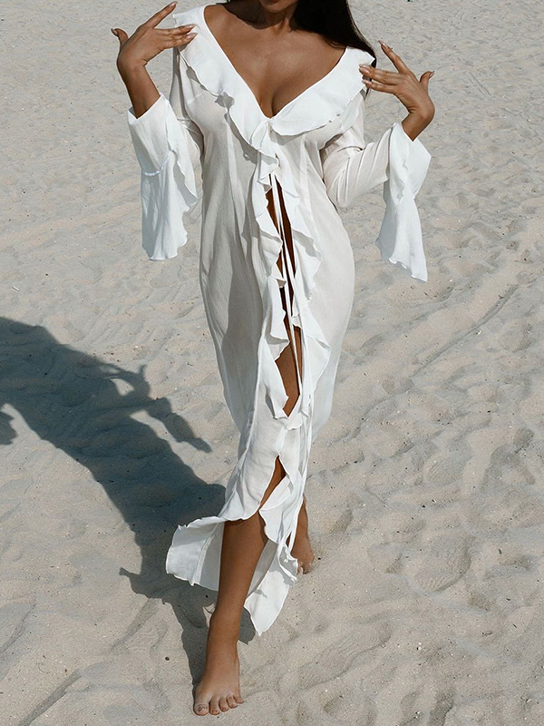 Solid Color Ruffled Long Sleeves Vacation Cover-Ups Maxi Dresses