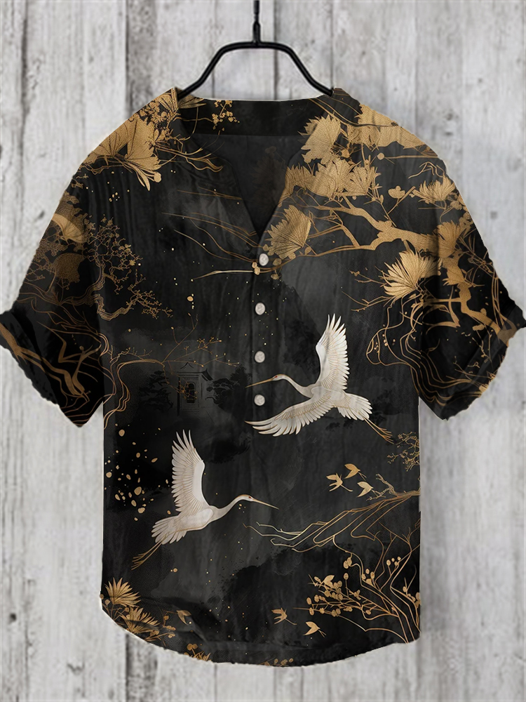 Japanese Crane Art Linen Blend Shirt