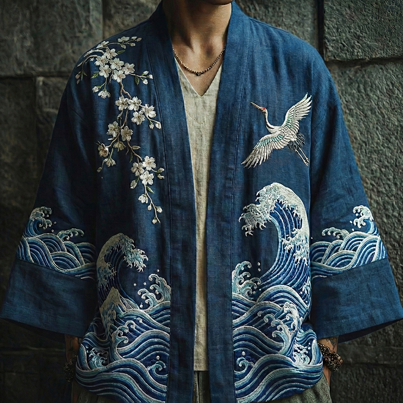 Japanese Cranes And Ocean Waves Art Linen Kimono Cardigan