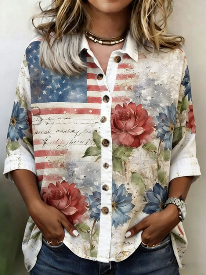 Women'S Flag Flower Printed Cotton And Linen Shirt