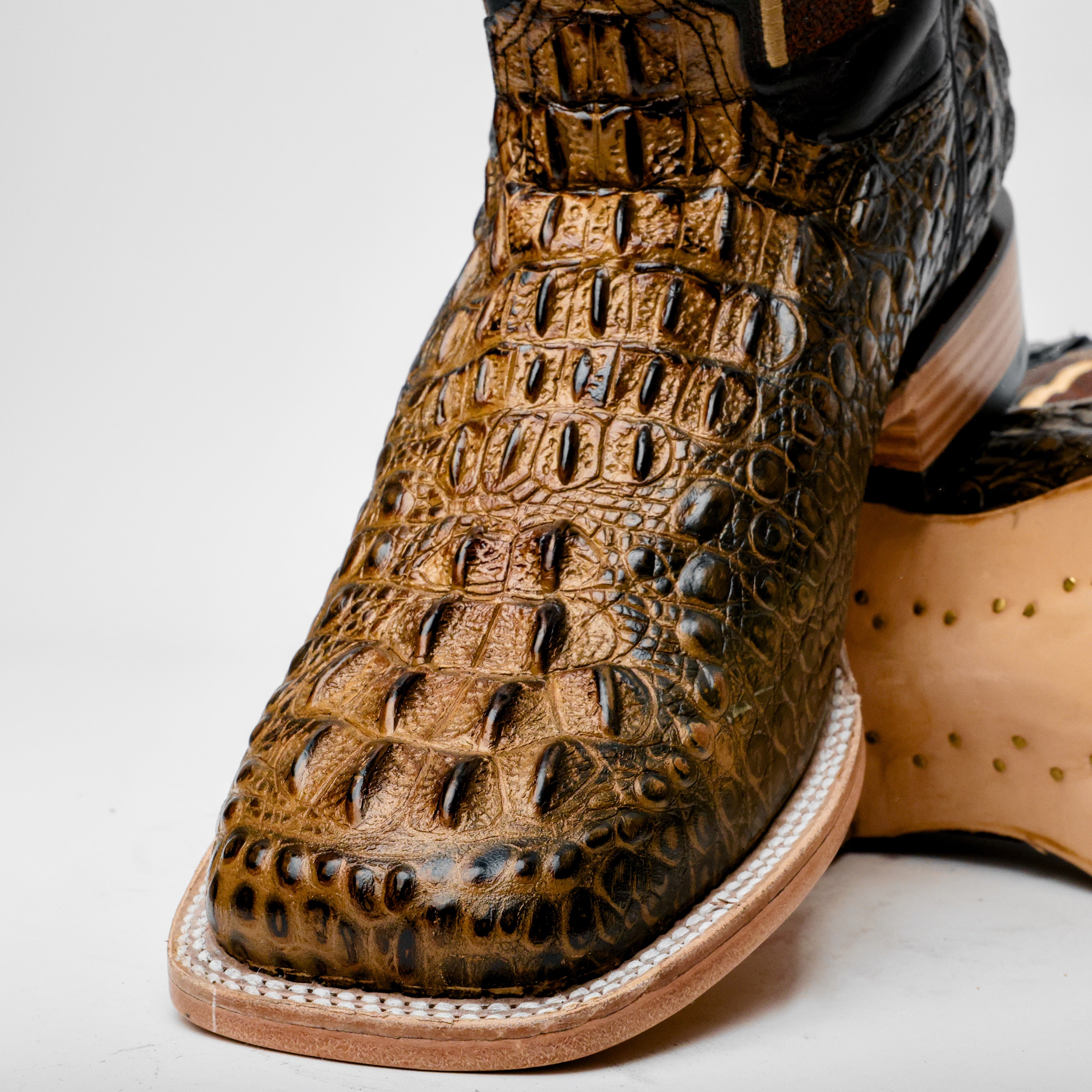 Honey Caiman Neck Leather Boots - Square Toe