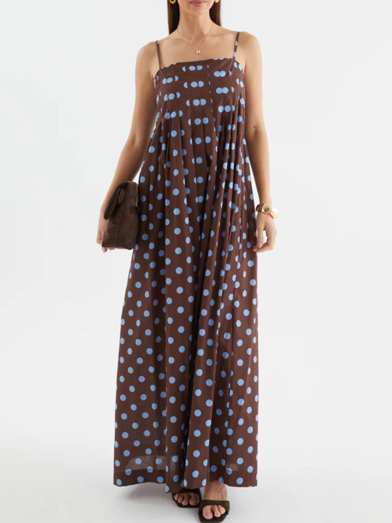 Polka Dot Pleated Detail Maxi Dress