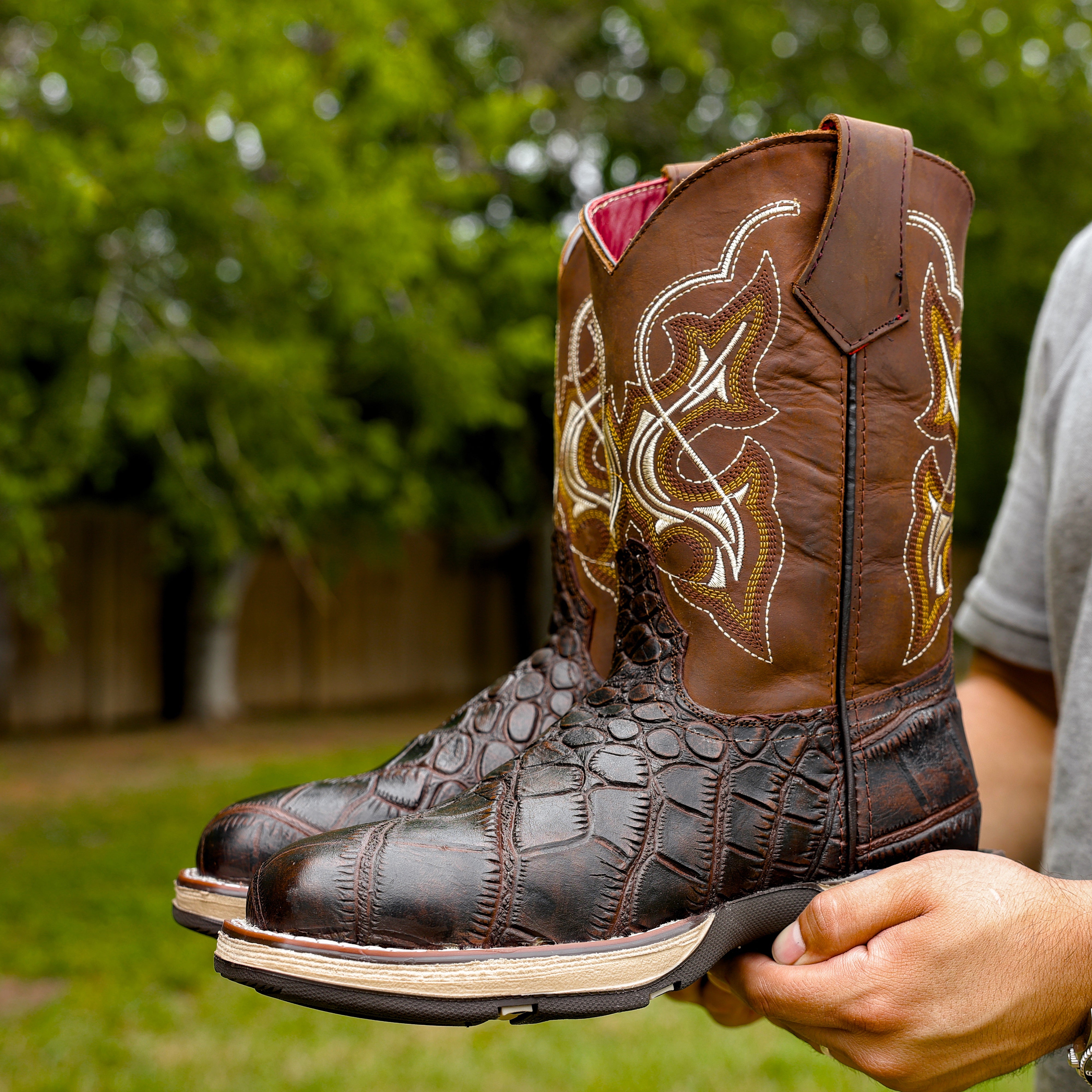 Brown Caiman Belly Leather Boots With 3D Lightweight Sole - Composite Toe