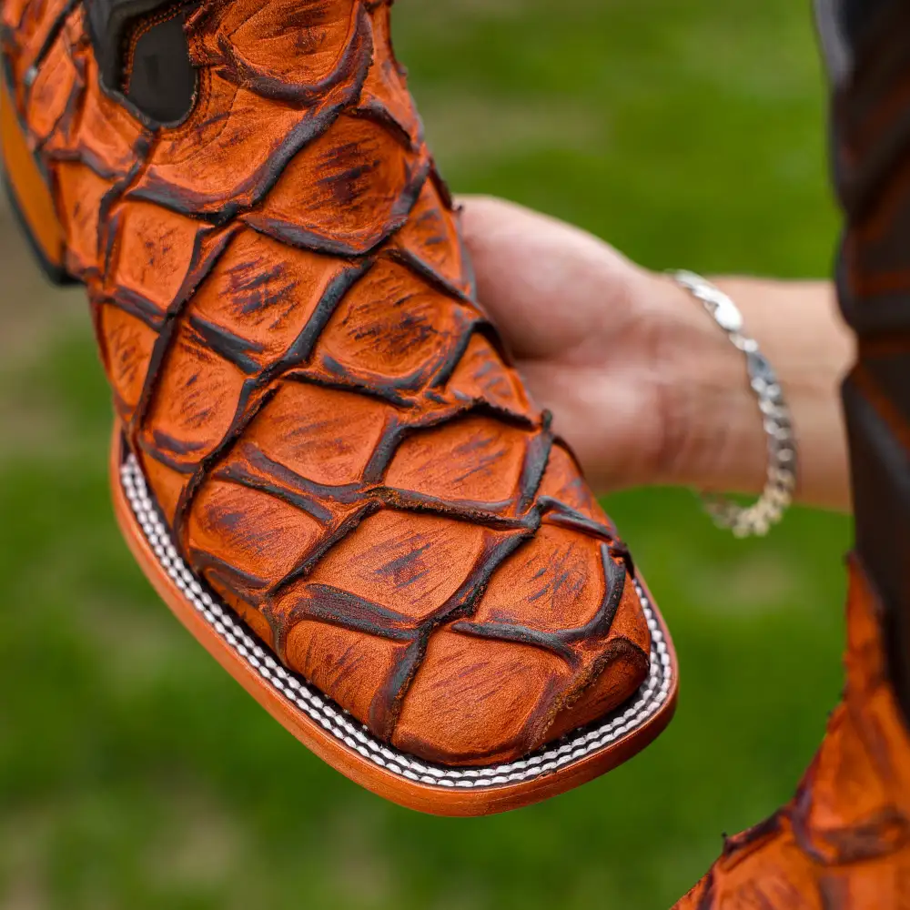 Matte Rustic Cognac Pirarucu Leather Boots - Square Toe