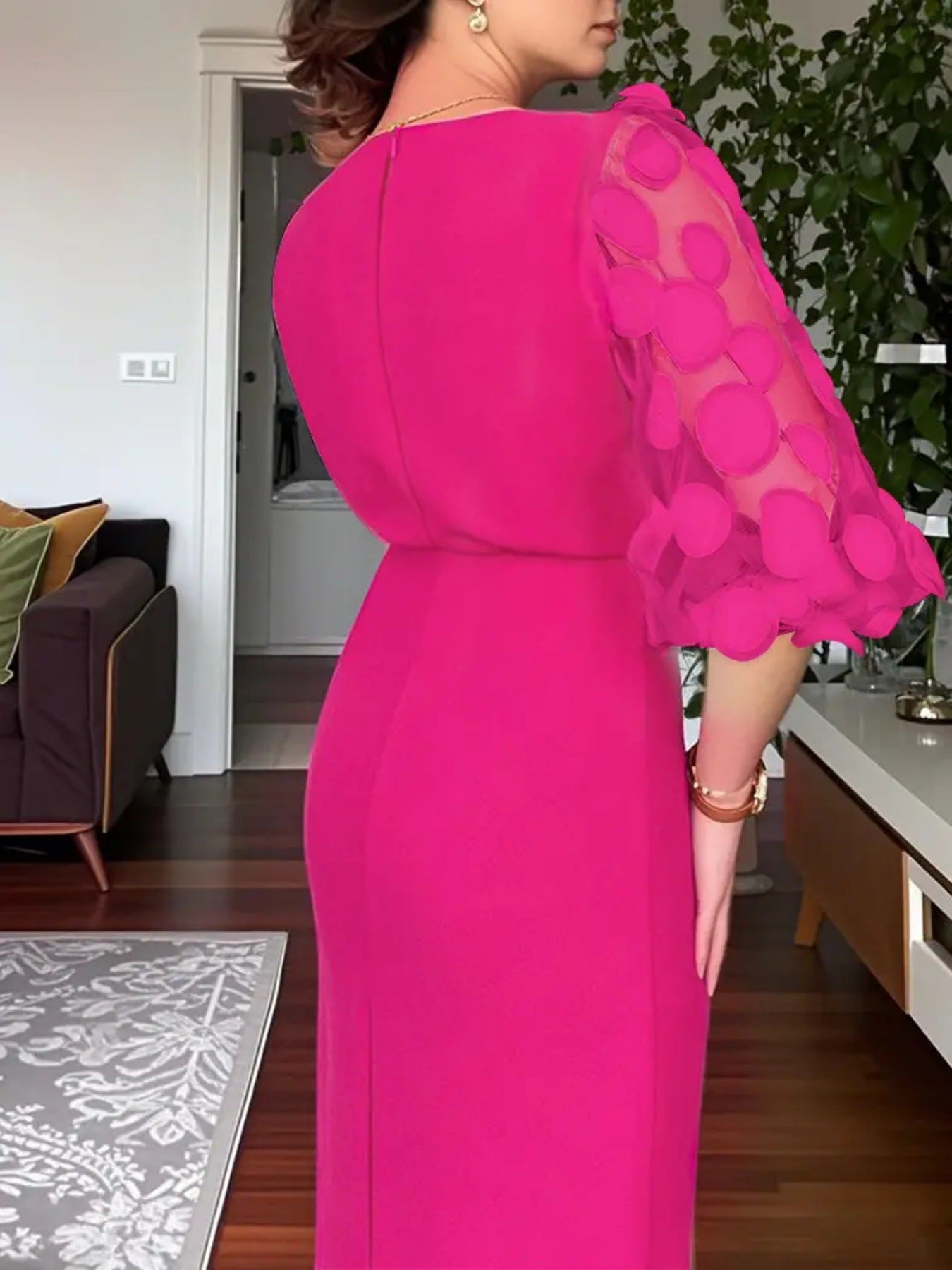 Slit Sheer Sleeve Midi Dress