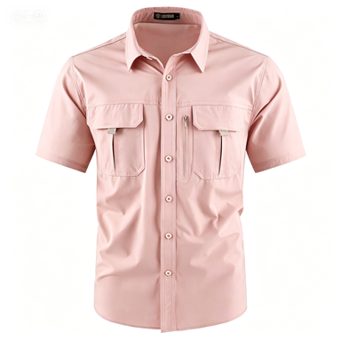 Men's American-Style Solid Color Shirt with Hidden Ventilation Holes Casual Summer Beach Nylon Shirt High-Quality Fabric Short Sleeves Button Closures