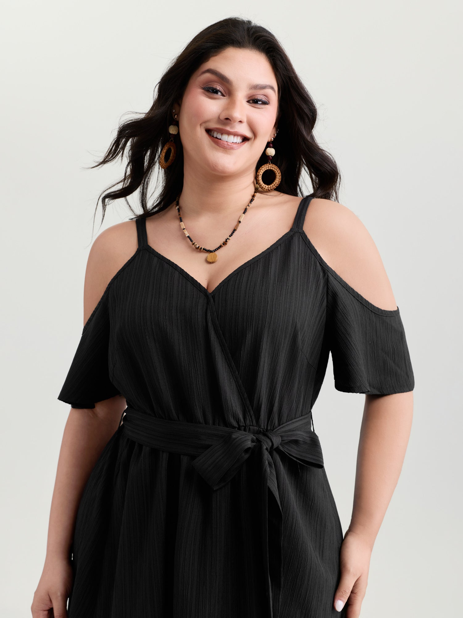 Off-Shoulder Textured Waist-Tie Maxi Dress