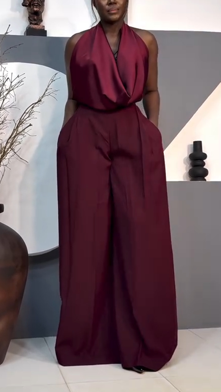 Women Halterneck Top + Pants Solid Color Temperament Casual Suit