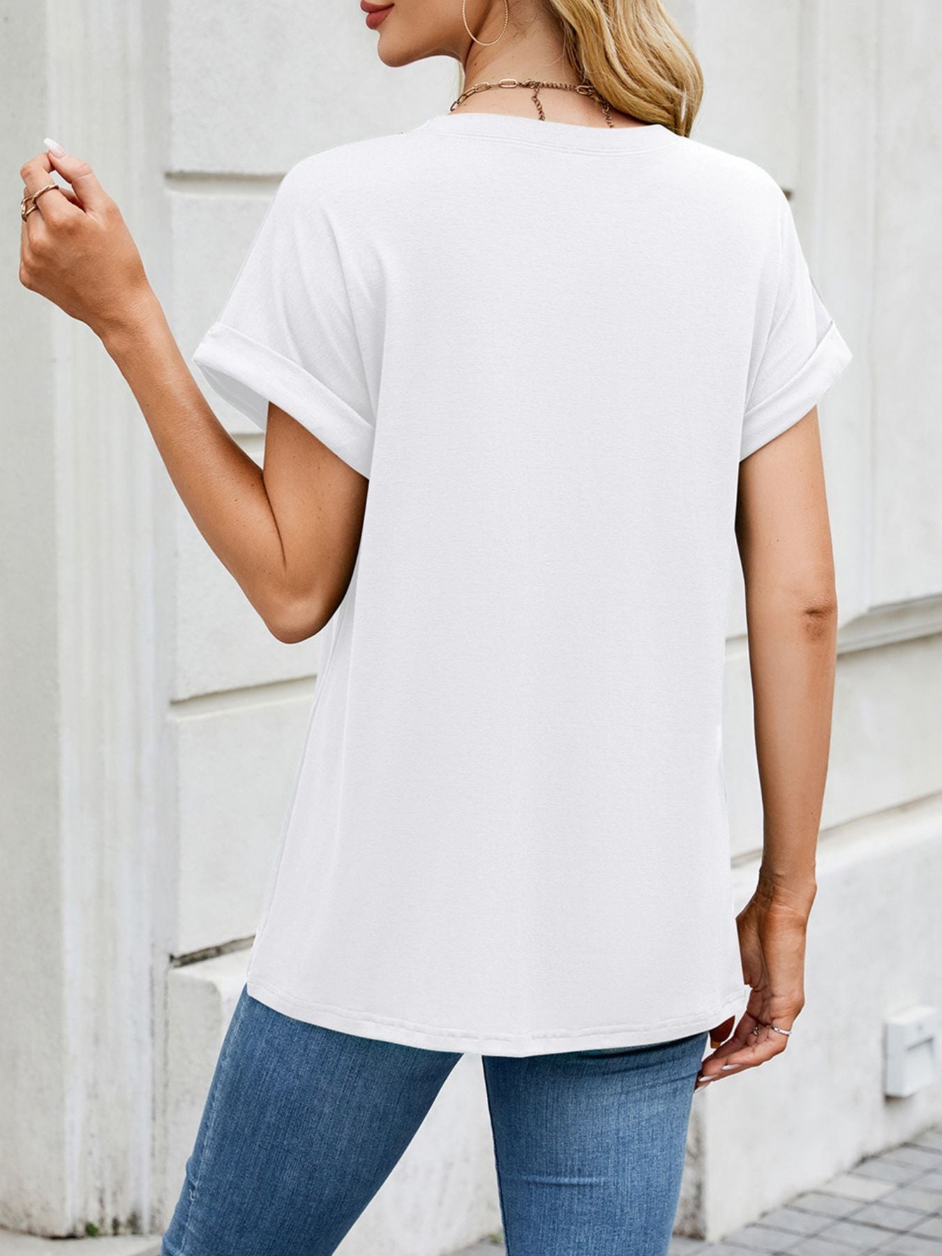 Casual Rolled Sleeve Solid Color T-Shirt