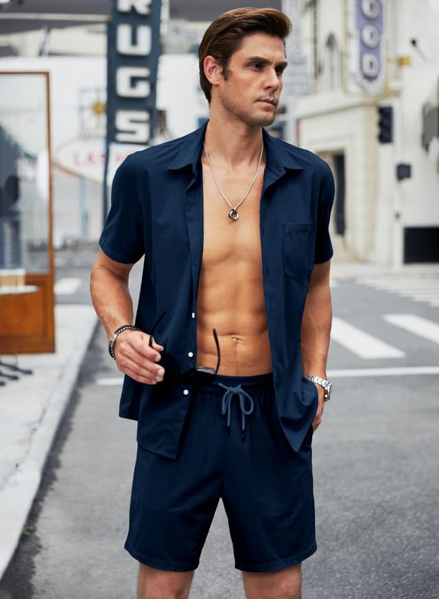 Men's 2 Piece Outfits Casual Button Down Short Sleeve Shirts Shorts Summer Beach Sets