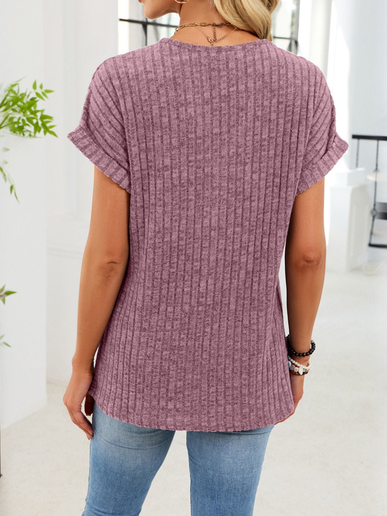 Ribbed Knit V-Neck T-Shirt