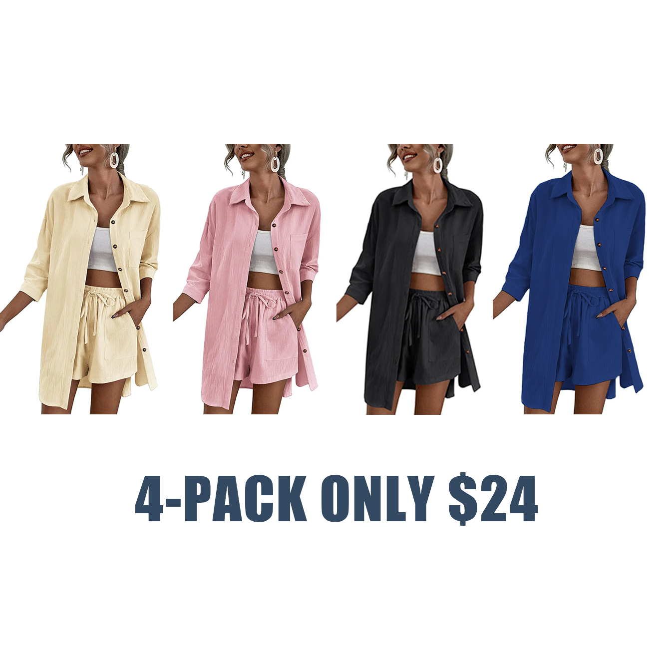2025 Women's Linen 2-Piece Lounge Set – High-Low Shirt & Drawstring Shorts