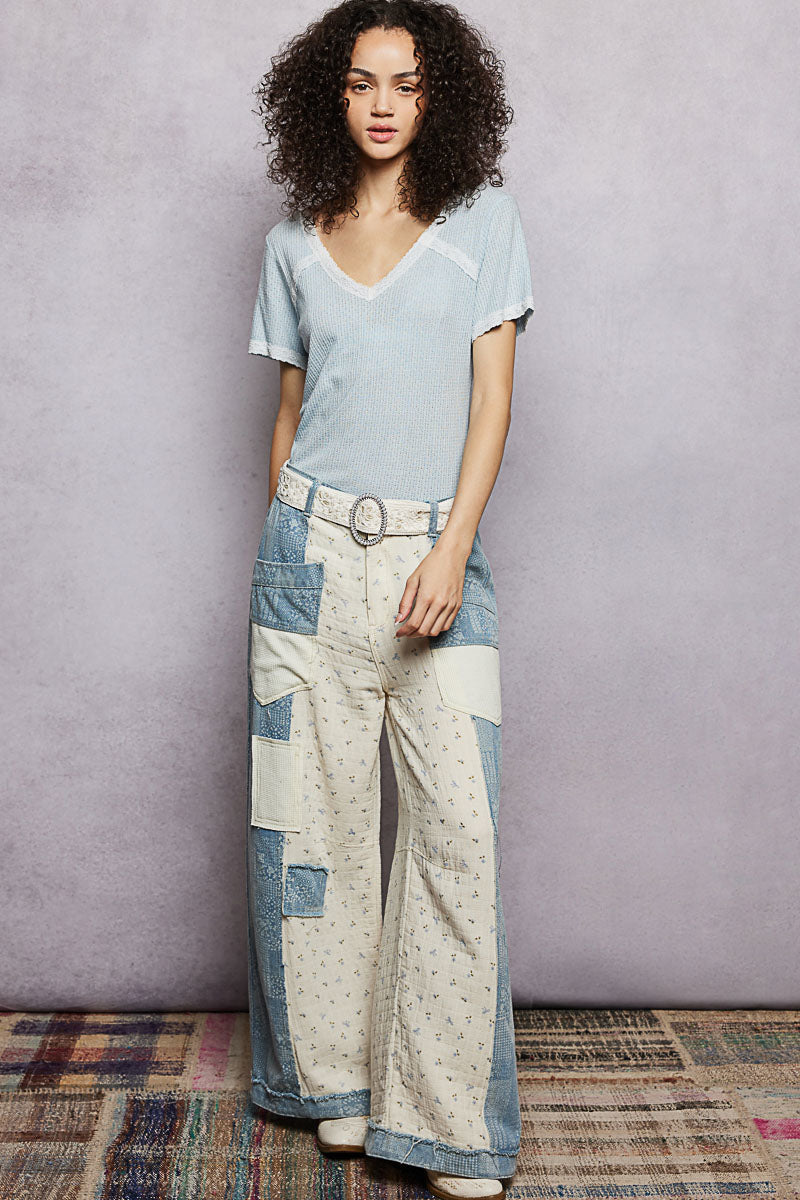 POL Lace Detail V-Neck Short Sleeve Textured T-Shirt