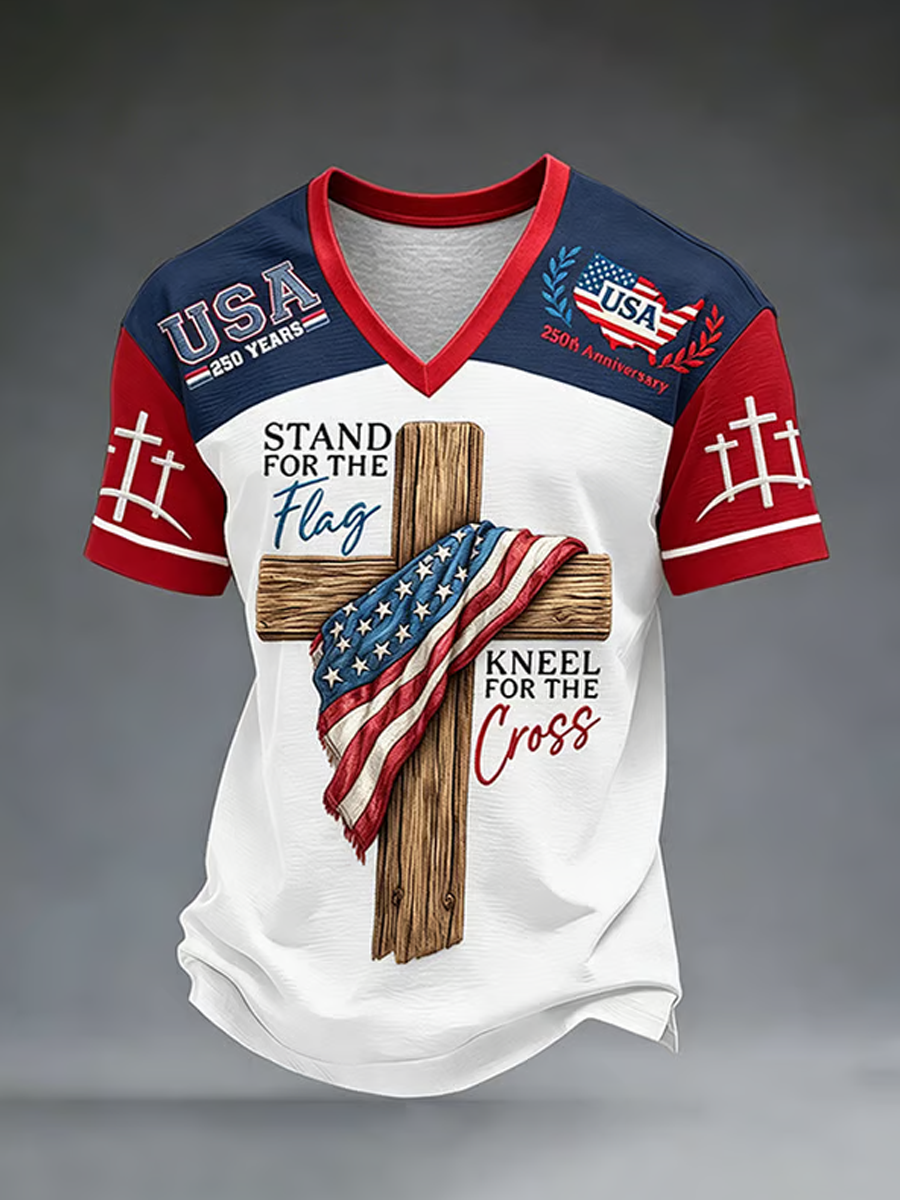 Men's America's 250th Anniversary Stand For The Flag Kneel For The Cross Faith Christian Cross Print T-Shirt