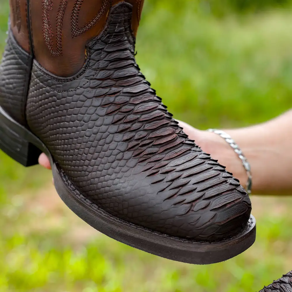 Matte Brown Python Leather Boots With Lightweight Soles - Square Toe