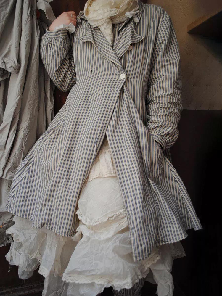 Vintage Striped Fold Over Collar Button Loose Coat 5924