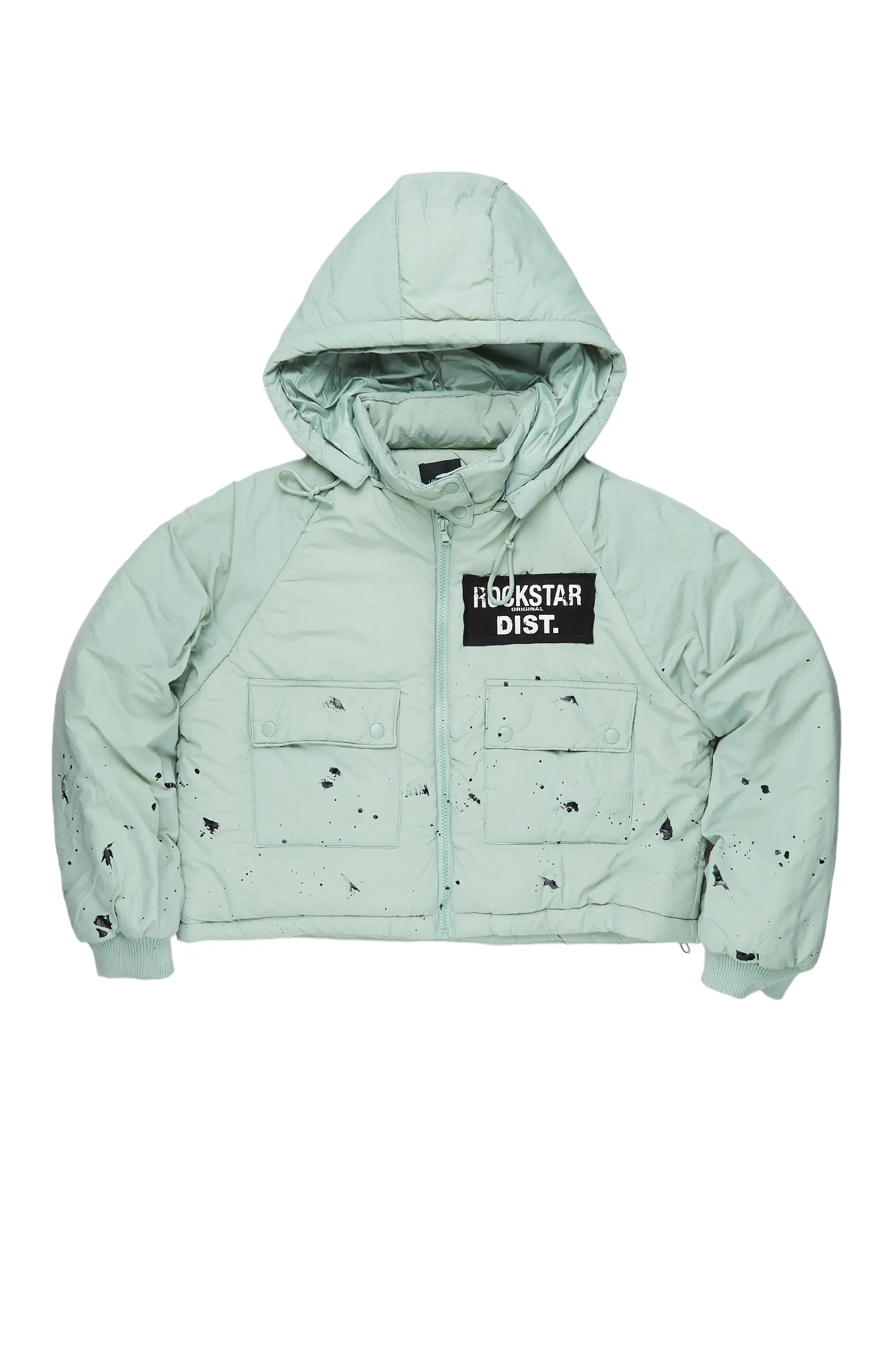Zayla Sage Green Art Dist. Puffer Jacket